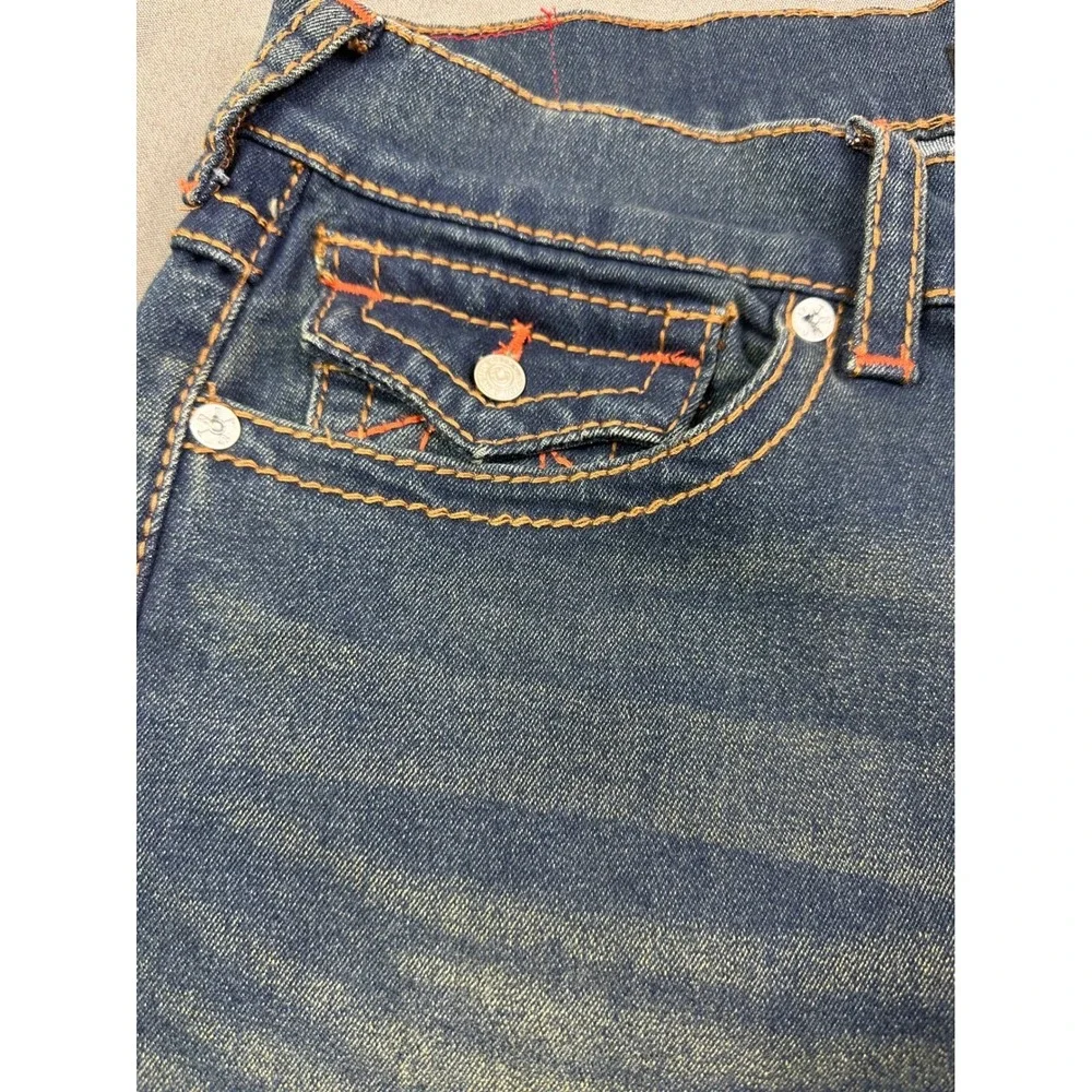 True‎ Religion Men Sz 34x32 Geno SN Flap Relaxed Slim Jeans Blue Denim Orange